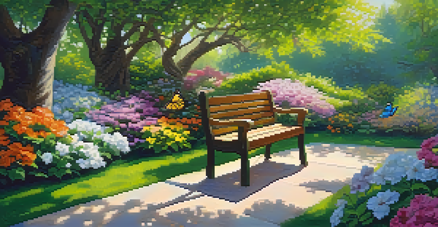 A beautiful garden filled with colorful flowers, greenery, and a wooden bench under a cherry tree.