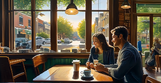 Two people having a discussion in a warm and inviting coffee shop, with coffee cups and a view of greenery outside.