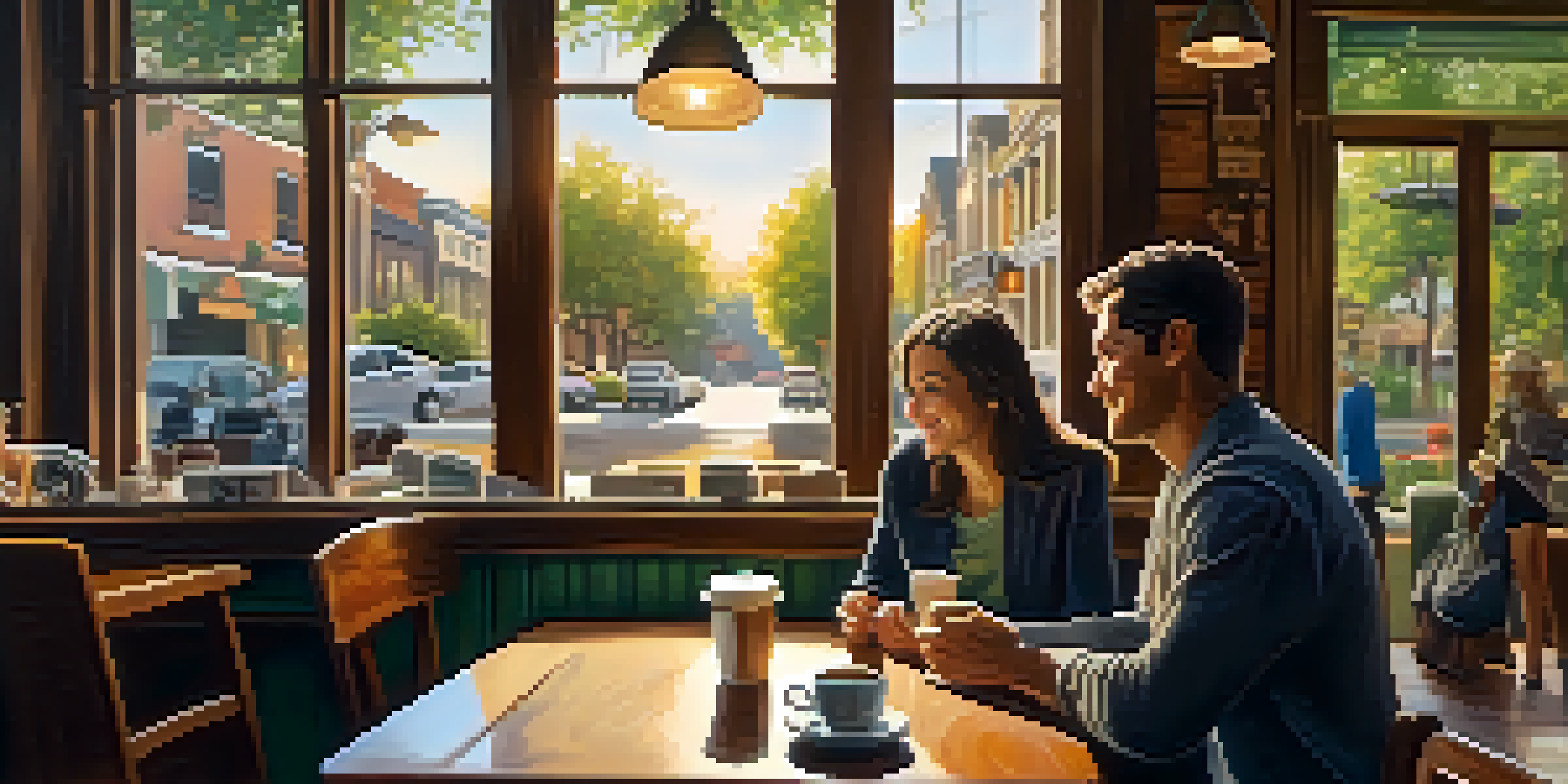 Two people having a discussion in a warm and inviting coffee shop, with coffee cups and a view of greenery outside.