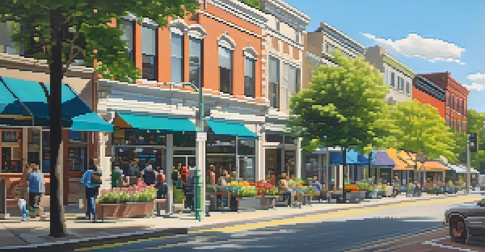A lively urban neighborhood with colorful storefronts, blooming flowers, and people in a park, surrounded by a mix of modern and historic buildings.
