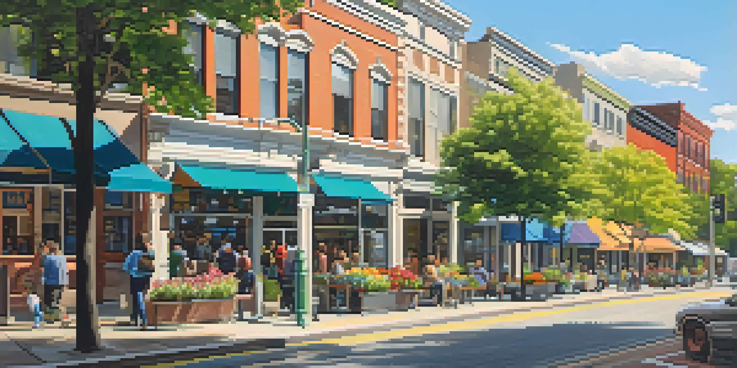 A lively urban neighborhood with colorful storefronts, blooming flowers, and people in a park, surrounded by a mix of modern and historic buildings.