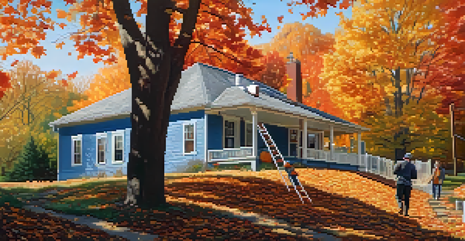 An autumn scene with a house and a person cleaning gutters amidst falling leaves.
