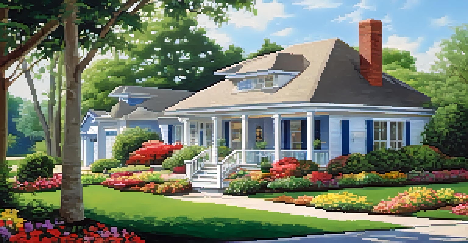 A charming house with a 'Home Warranty Included' sign in the front yard, surrounded by greenery and flowers.