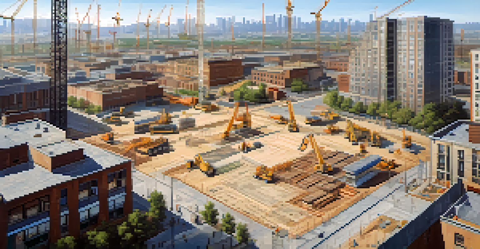 An aerial view of a developing urban area with construction sites and new housing developments.