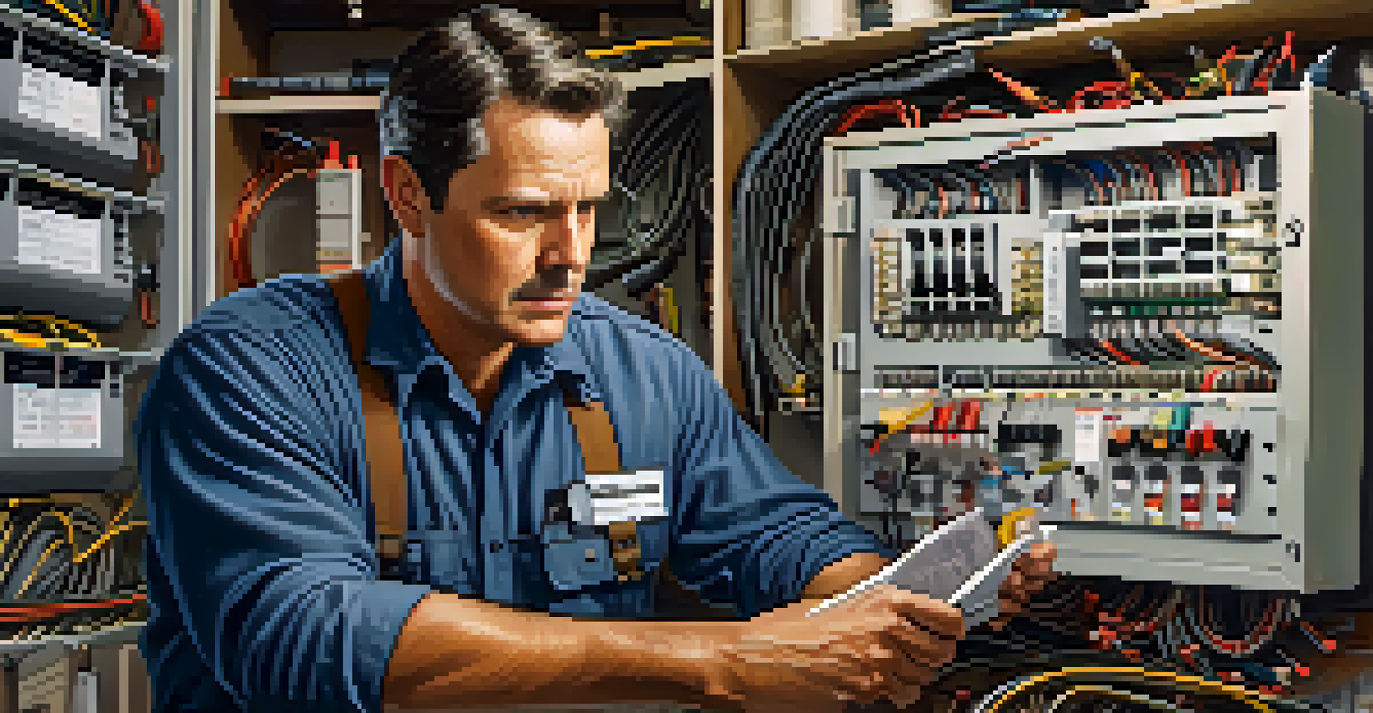 An inspector looking at an electrical panel with tools and papers nearby, emphasizing the significance of home inspections.