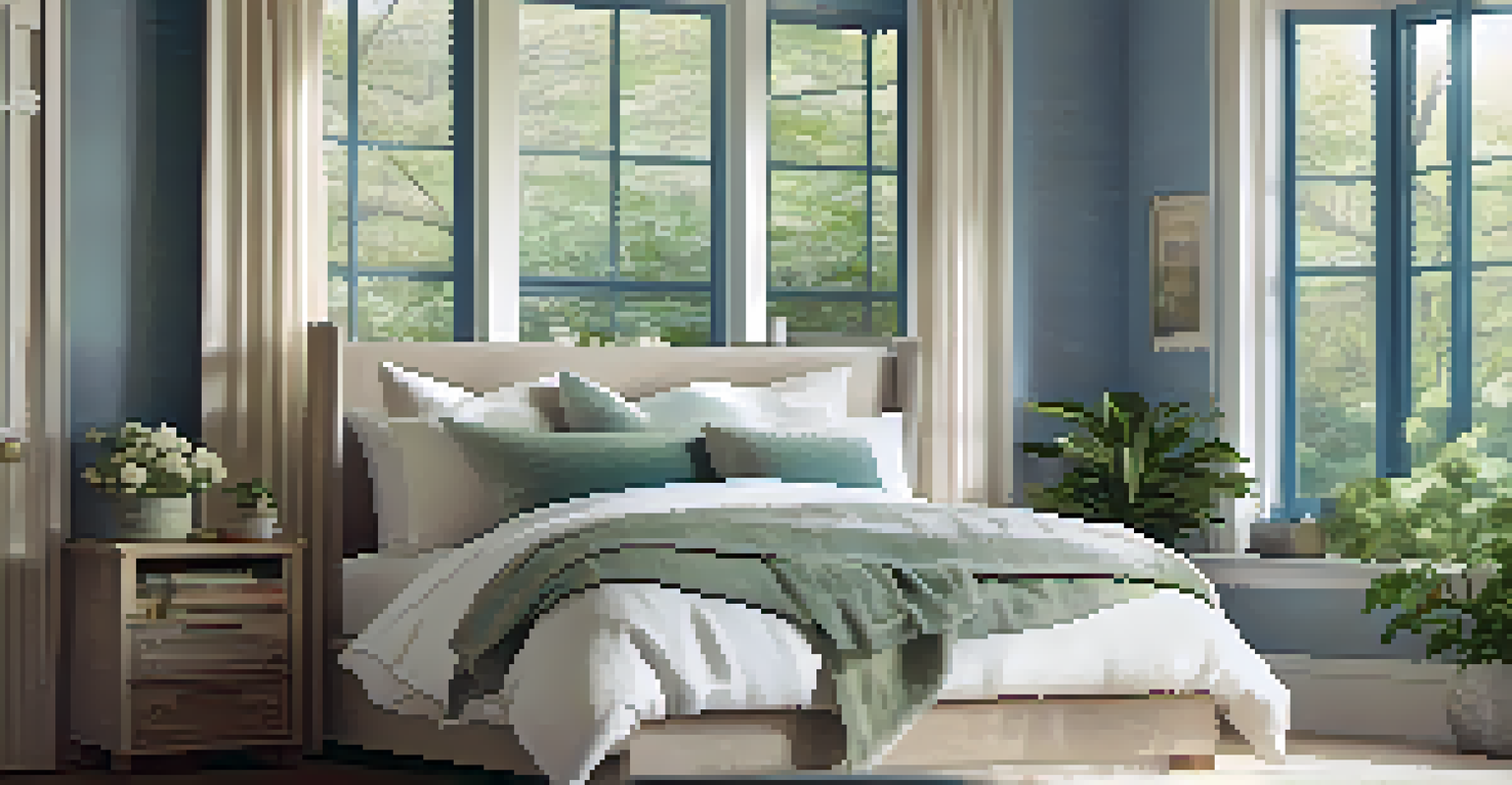 A serene bedroom with soft blue and green hues, a well-made bed, and natural light streaming through a large window.