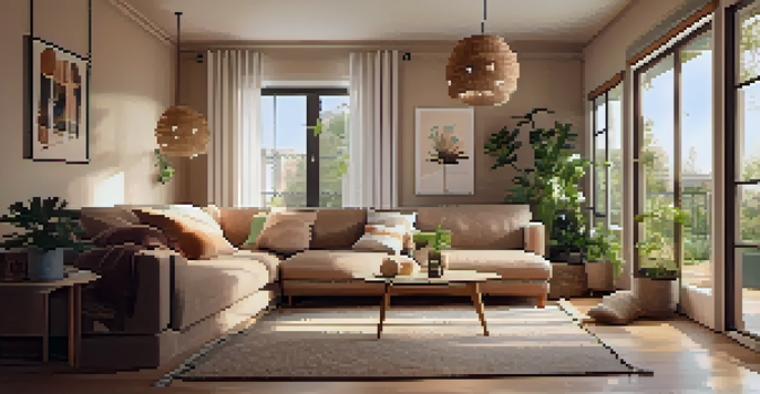 A cozy small living room with warm lighting, a plush sofa, and a large mirror reflecting light to enhance the space.