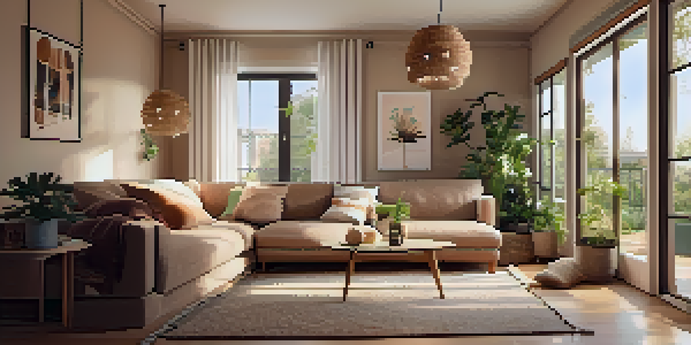 A cozy small living room with warm lighting, a plush sofa, and a large mirror reflecting light to enhance the space.