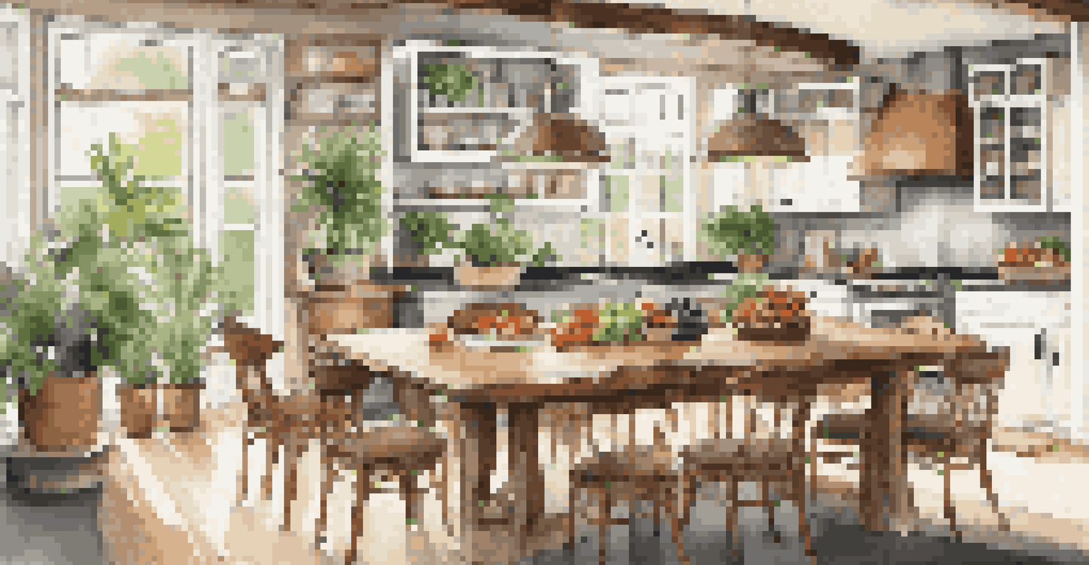 A bright open-concept kitchen and dining area with a wooden dining table, kitchen island, and indoor plants, bathed in natural light.