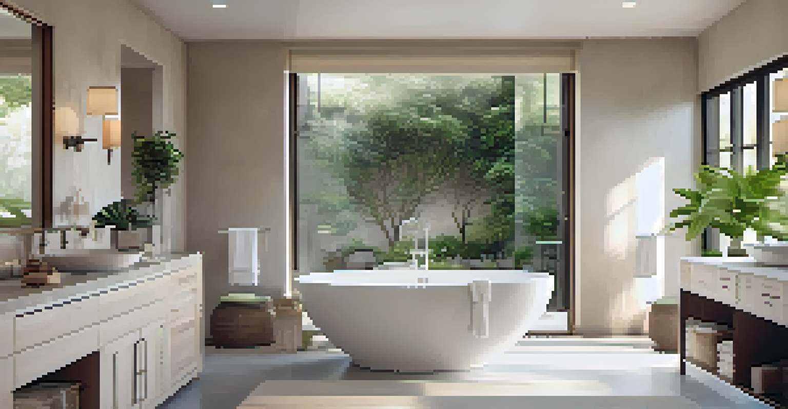 A tranquil bathroom featuring a freestanding bathtub, dual sinks, and a walk-in shower, adorned with greenery and soft colors.