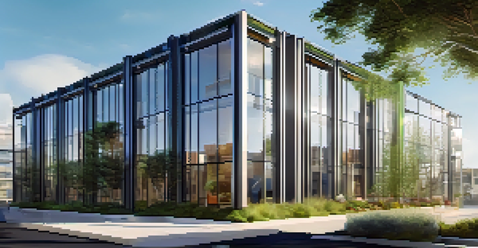 A contemporary building with large windows, green roofs, and solar panels, surrounded by a bright blue sky and sunlight.