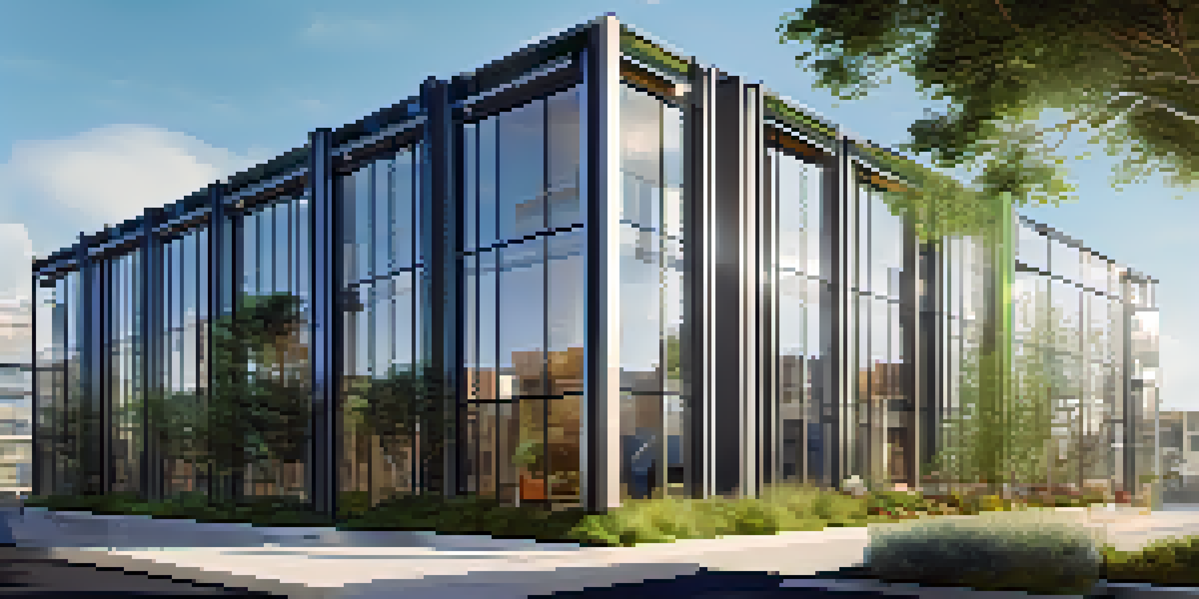 A contemporary building with large windows, green roofs, and solar panels, surrounded by a bright blue sky and sunlight.