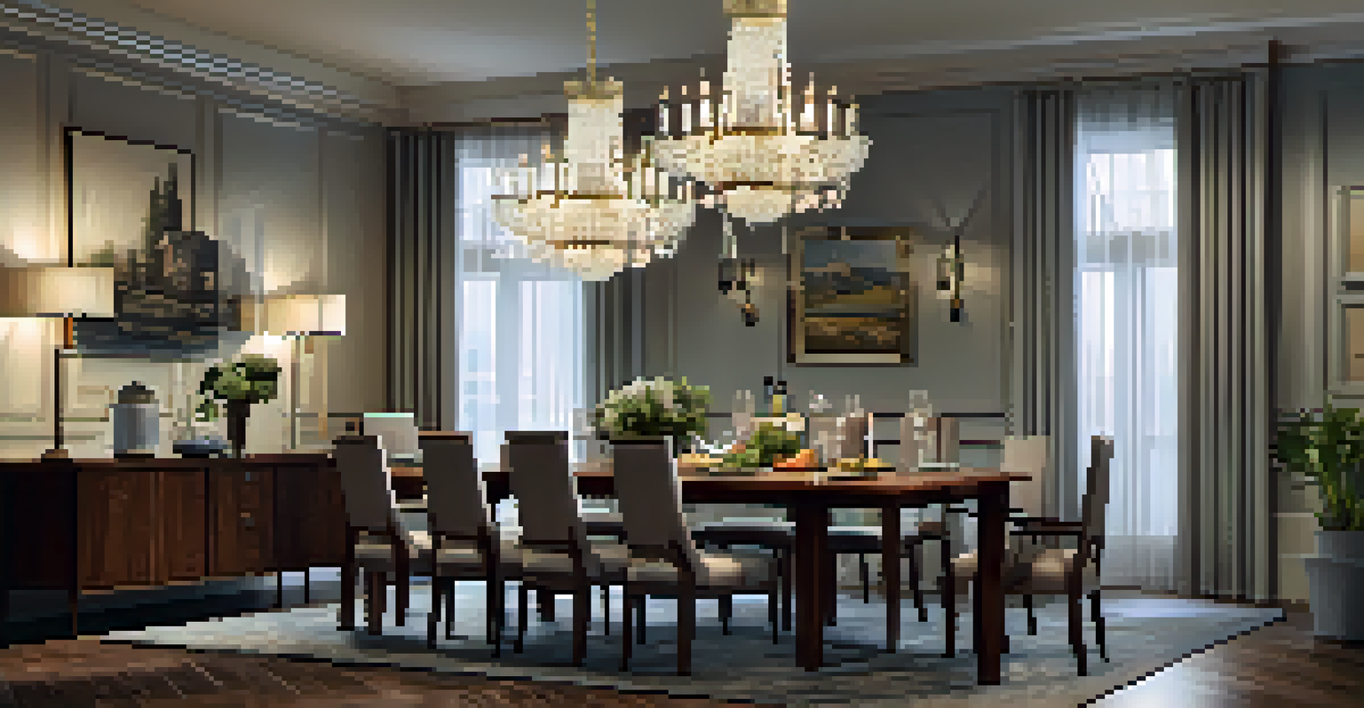 An elegant dining room with a vintage chandelier, a wooden dining table set for a meal, and accent lighting highlighting artwork.