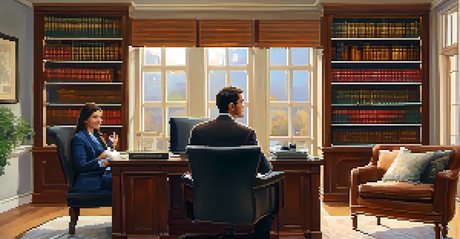 A welcoming consultation scene between a real estate attorney and a client discussing legal documents in a cozy office.