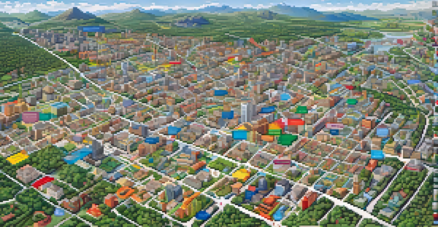A colorful map showing neighborhoods with different property values and growth trends, featuring icons for amenities like parks and schools.