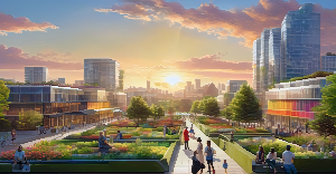 A city skyline with energy-efficient buildings and a park full of people enjoying the outdoors under a clear sky.