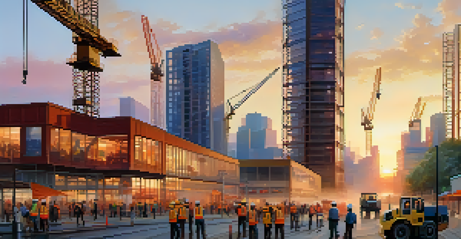 An urban construction site for a mixed-use development at sunset, with cranes and workers against a colorful skyline.