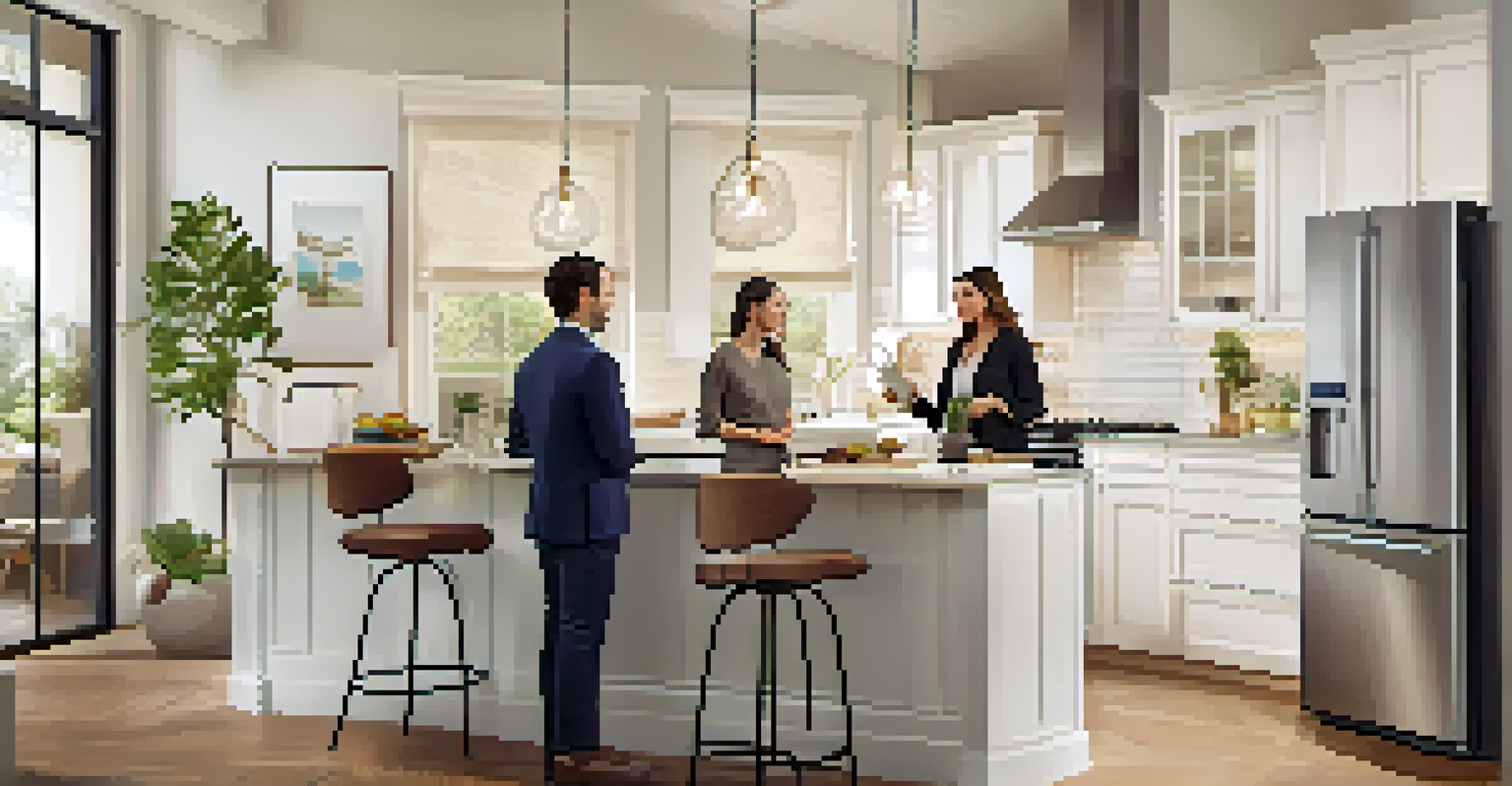 A real estate agent shows a property inspection report to a couple in a modern kitchen, depicting a positive and informative conversation.