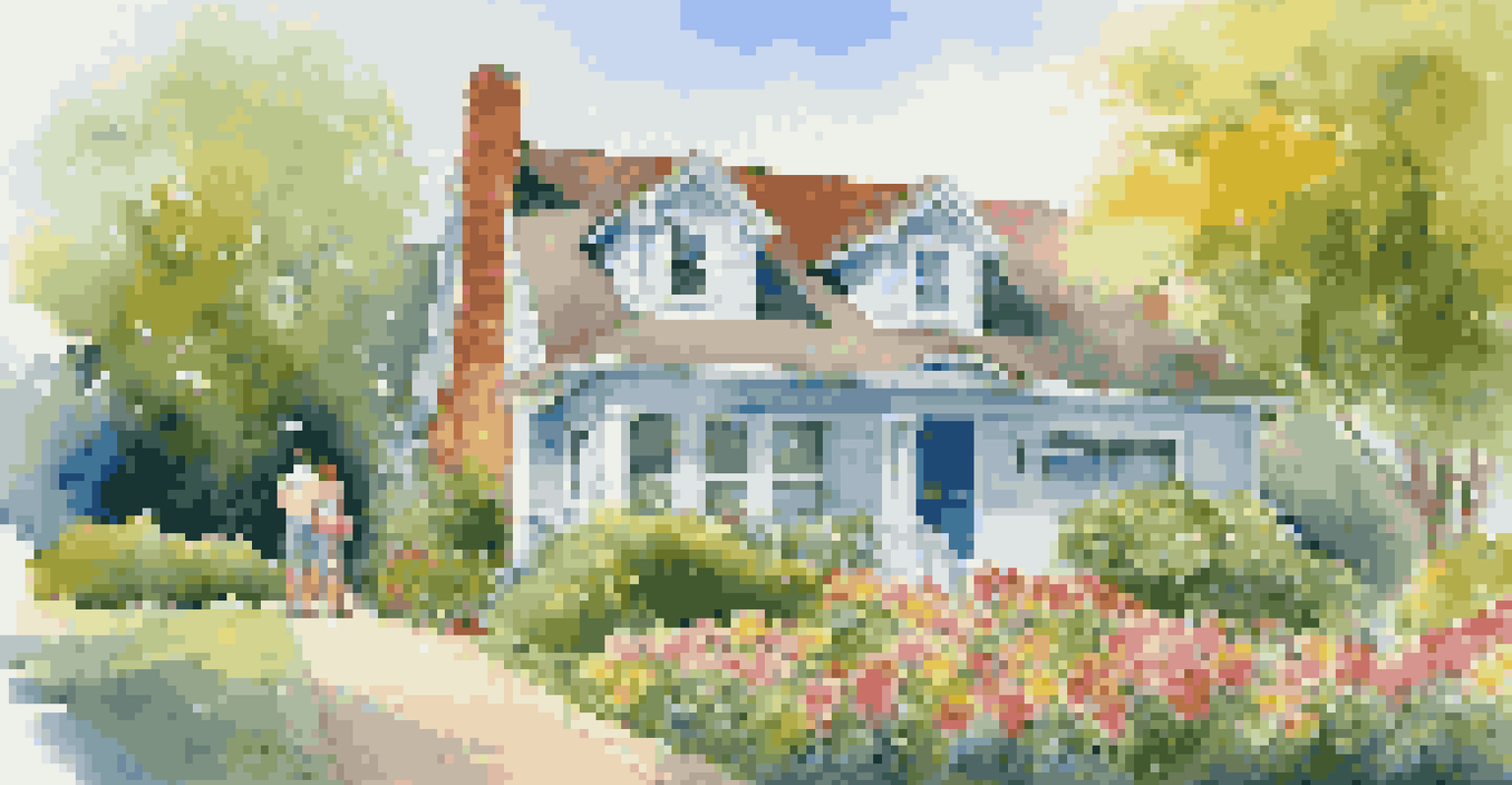 A joyful family in front of their new house, surrounded by lush greenery and colorful flowers, celebrating their home purchase.