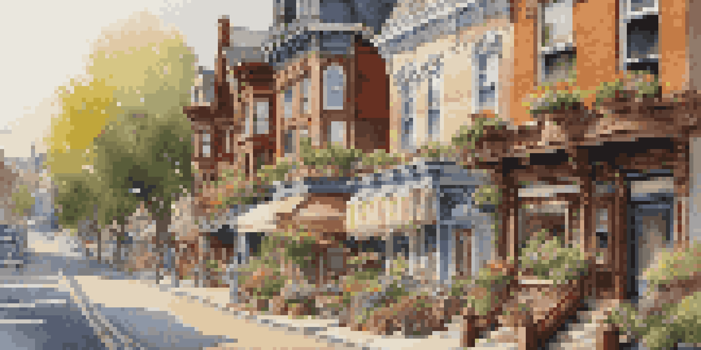 A charming historic street with Victorian architecture and flower boxes, bathed in warm sunlight, depicting a lively community atmosphere.