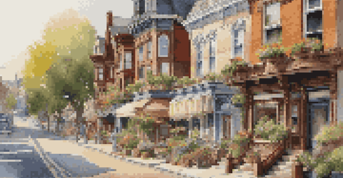A charming historic street with Victorian architecture and flower boxes, bathed in warm sunlight, depicting a lively community atmosphere.