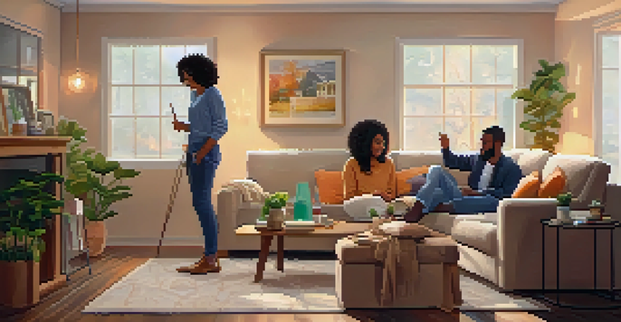 A couple sitting in a cozy living room filled with moving boxes, creating a warm and welcoming atmosphere.