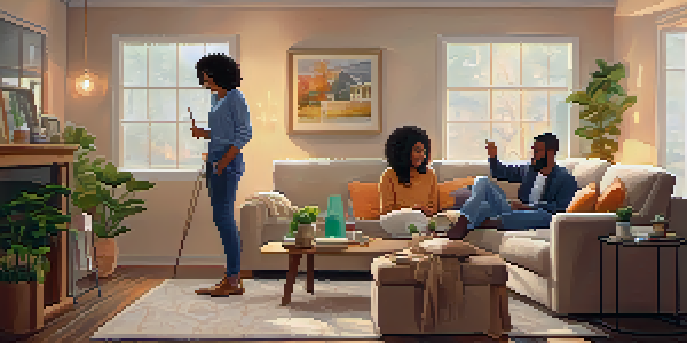 A couple sitting in a cozy living room filled with moving boxes, creating a warm and welcoming atmosphere.