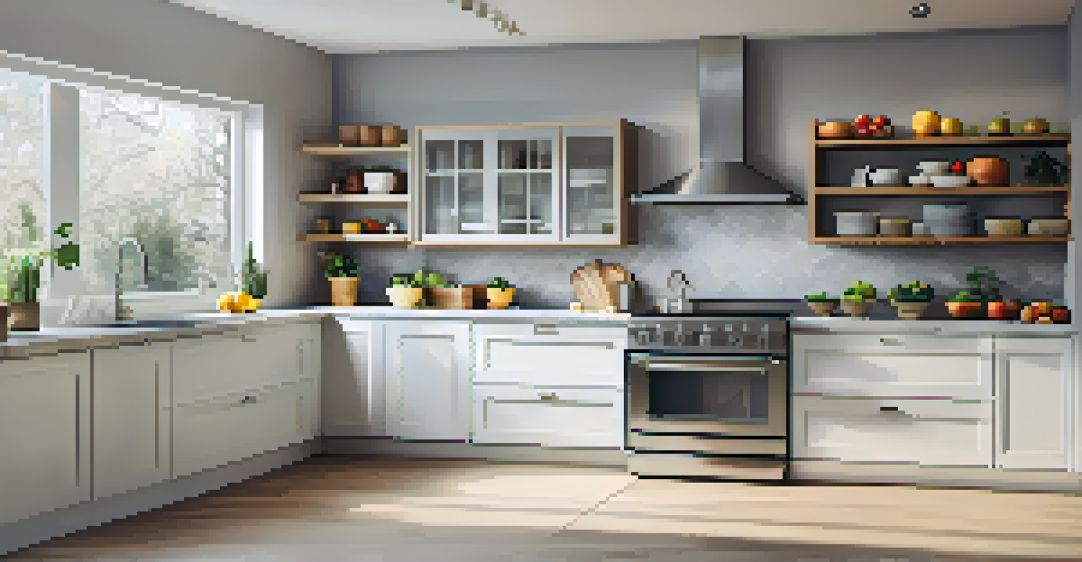 A modern and minimalist kitchen with clean countertops and organized appliances.