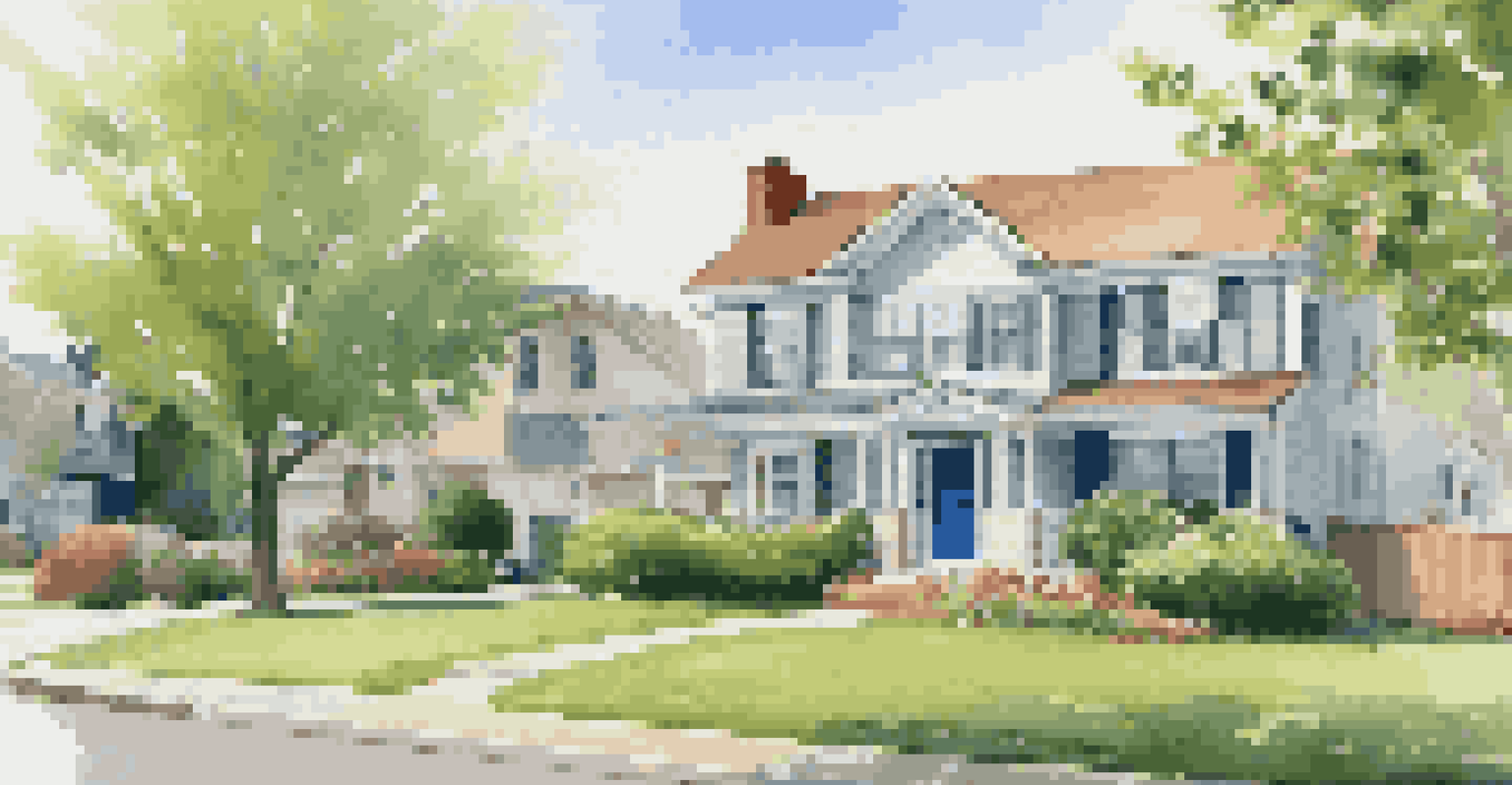 A suburban neighborhood with houses and a 'For Sale' sign in front of a house, under a clear blue sky and surrounded by green lawns and flowers.