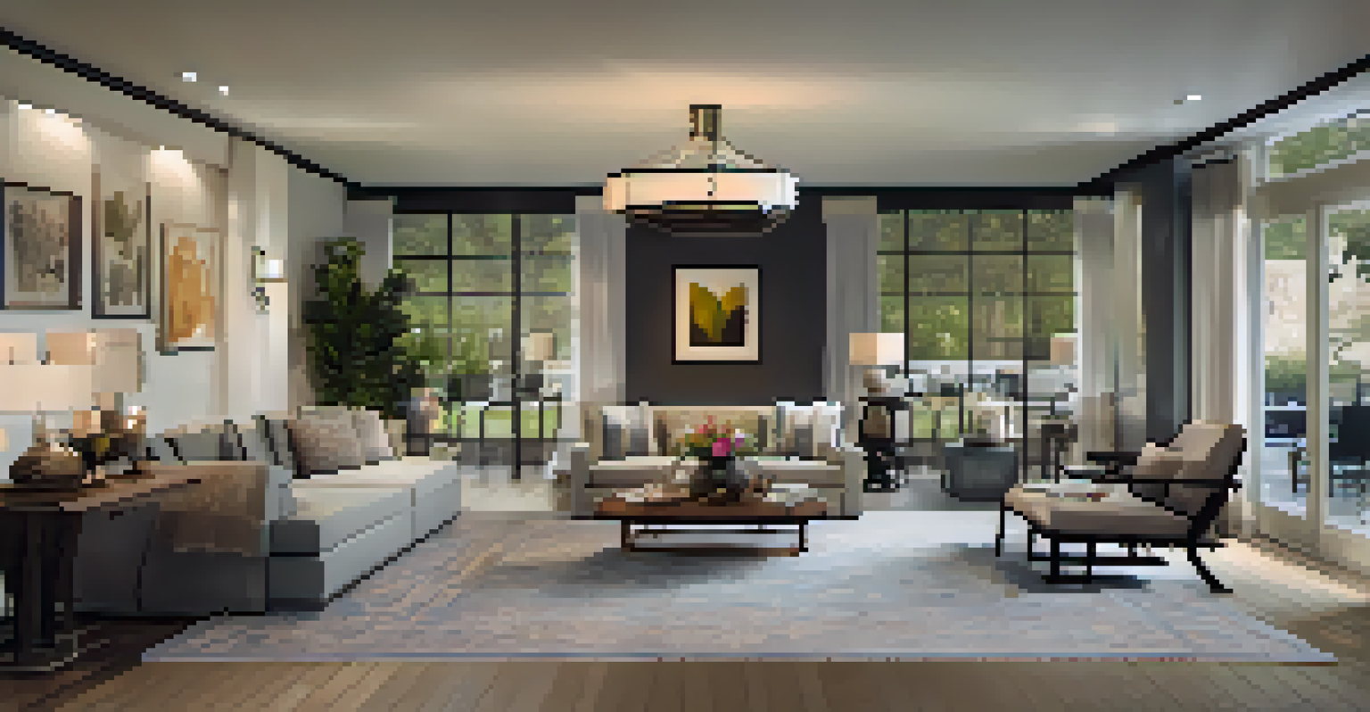 An inviting open floor plan showing defined zones for lounging and dining, with cozy seating on a rug and a beautifully set dining table under soft lighting.