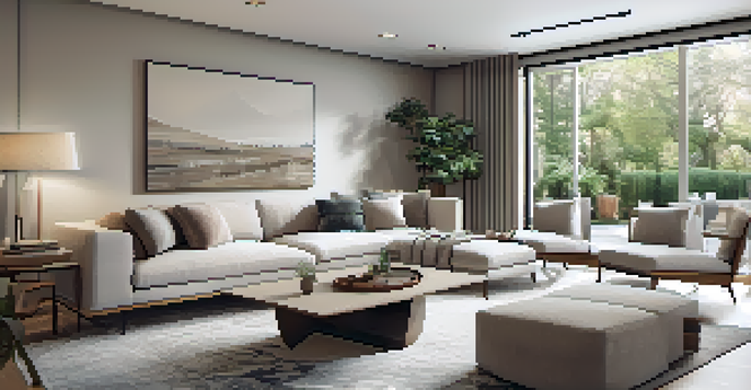 A modern living room with large windows, neutral walls, contemporary furniture, and decorative plants.