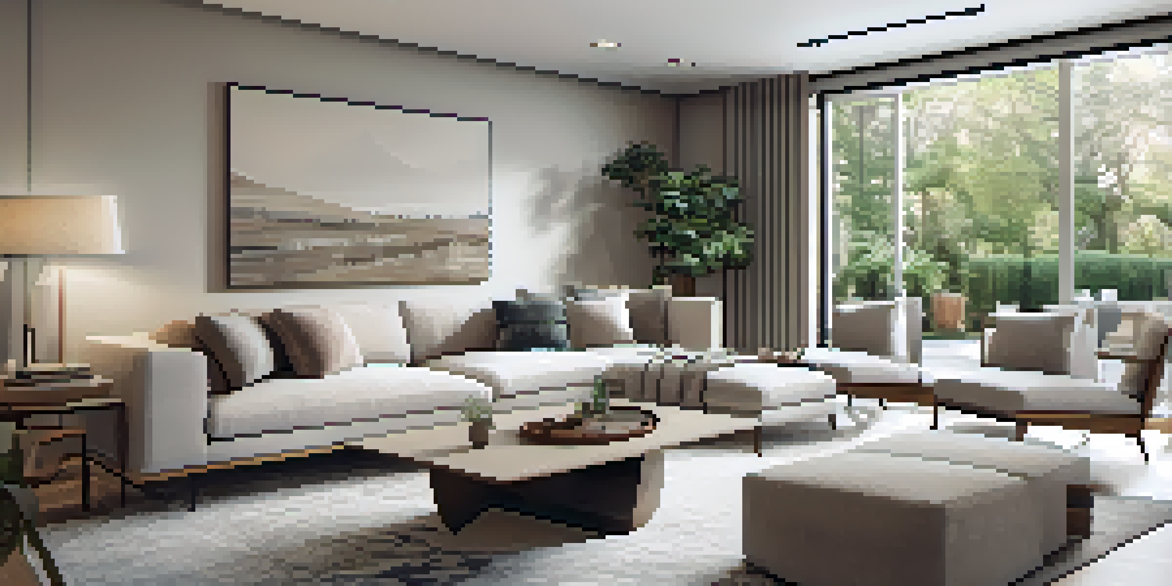 A modern living room with large windows, neutral walls, contemporary furniture, and decorative plants.