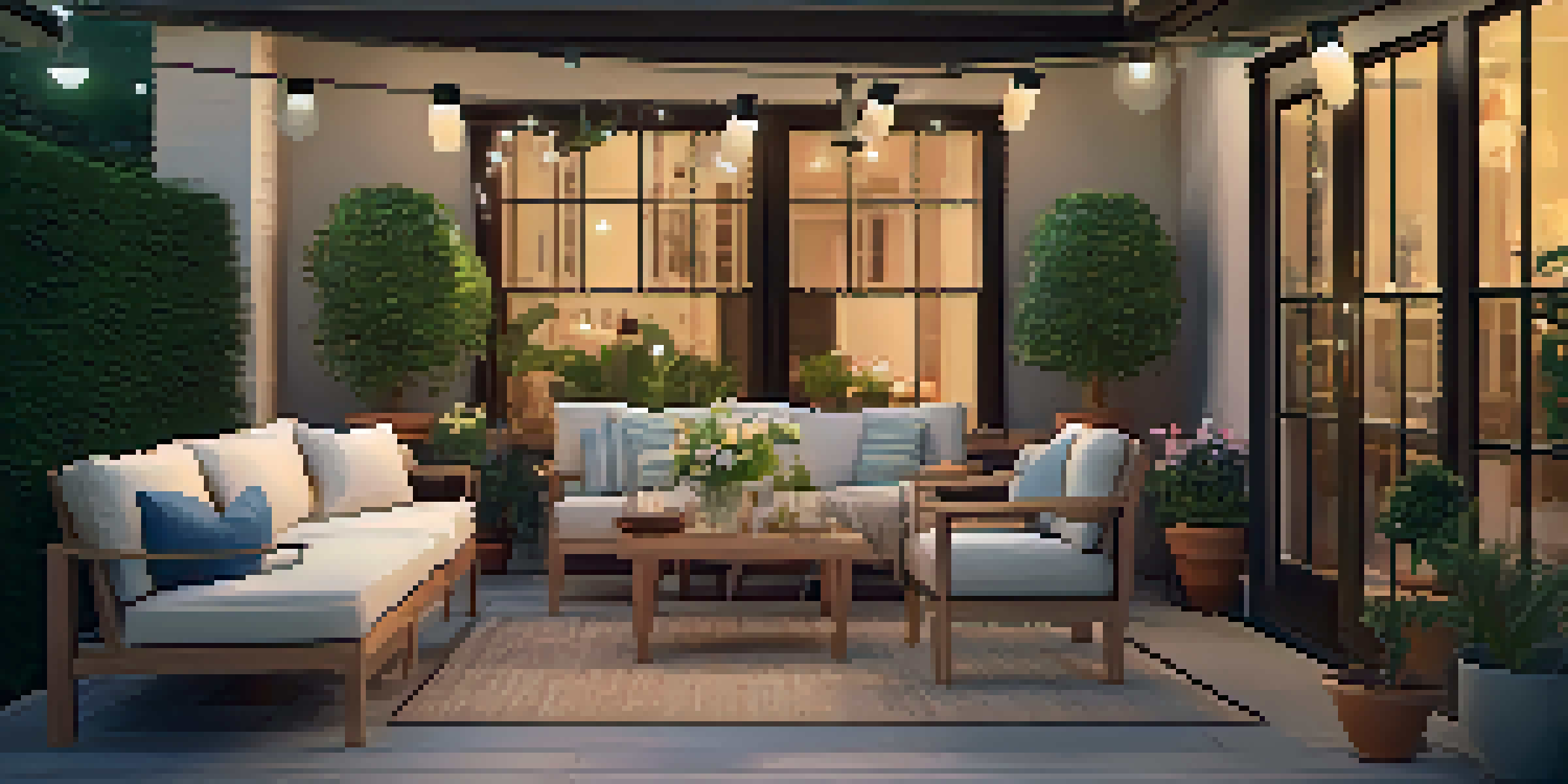 An inviting outdoor patio with cushioned seating, a dining table, potted plants, and twinkling lights during sunset.