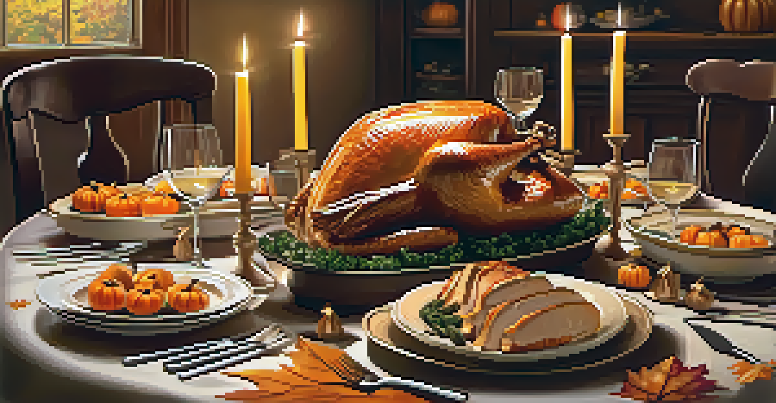 A beautifully decorated Thanksgiving dinner table with autumn decorations and family photos, creating a warm atmosphere.