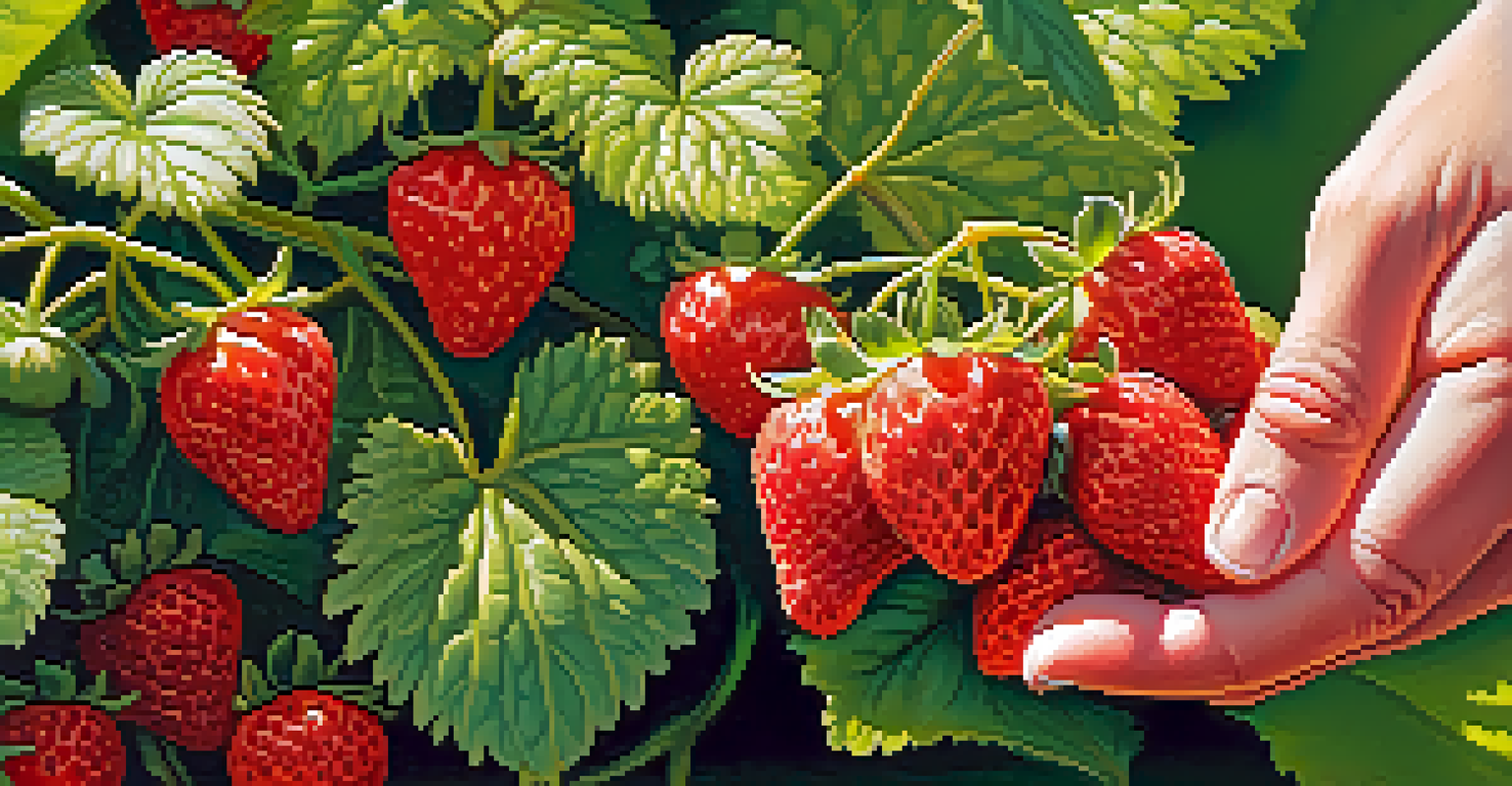 A close-up of a hand picking ripe strawberries from a bush in a lush edible garden.