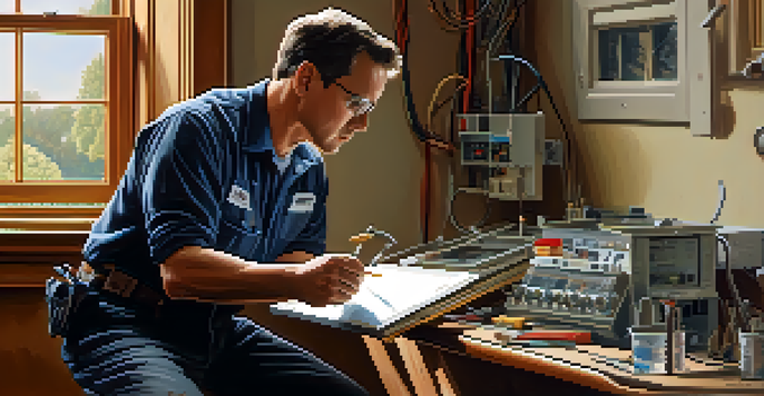 A home inspector analyzing an electrical panel inside a well-lit home, surrounded by tools and soft wall colors.