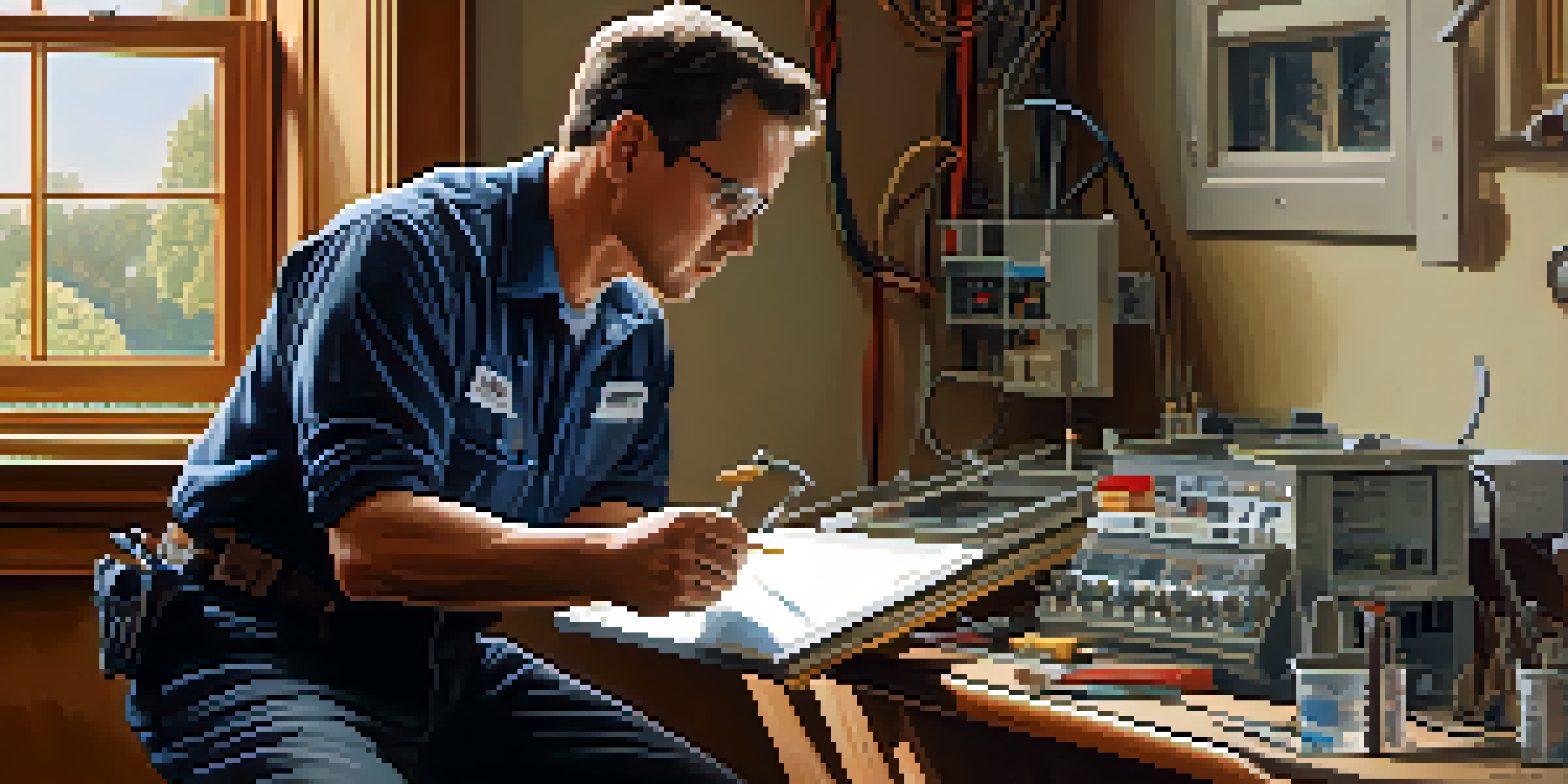 A home inspector analyzing an electrical panel inside a well-lit home, surrounded by tools and soft wall colors.
