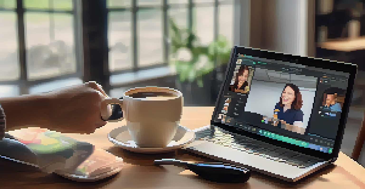 Two hands clinking coffee mugs in front of a laptop screen during a virtual coffee chat.