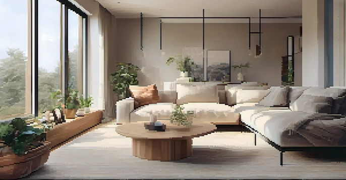 A spacious and inviting living room designed for accessibility, showcasing a light beige sofa, a wooden coffee table, and warm natural light from large windows.