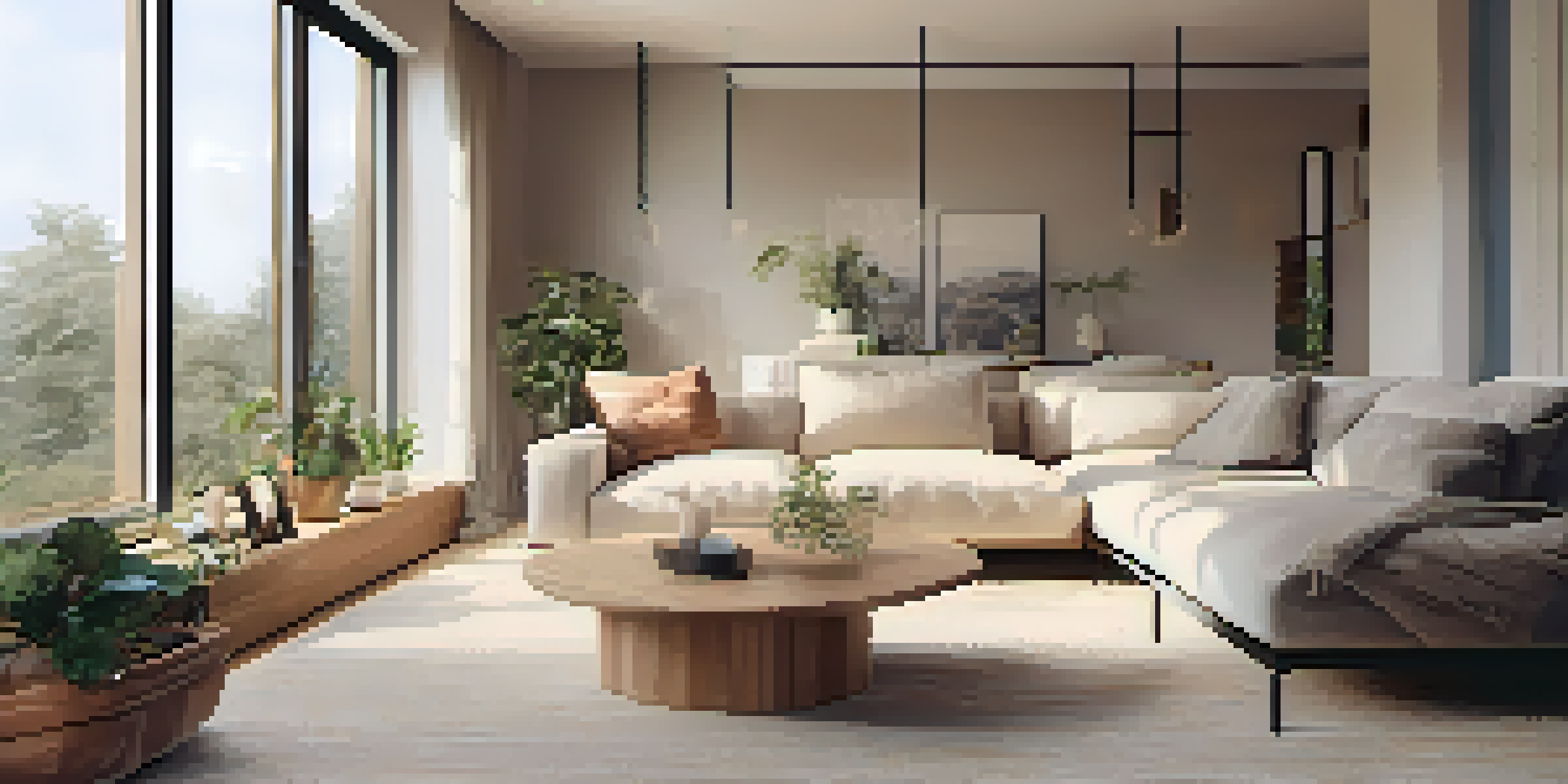 A spacious and inviting living room designed for accessibility, showcasing a light beige sofa, a wooden coffee table, and warm natural light from large windows.