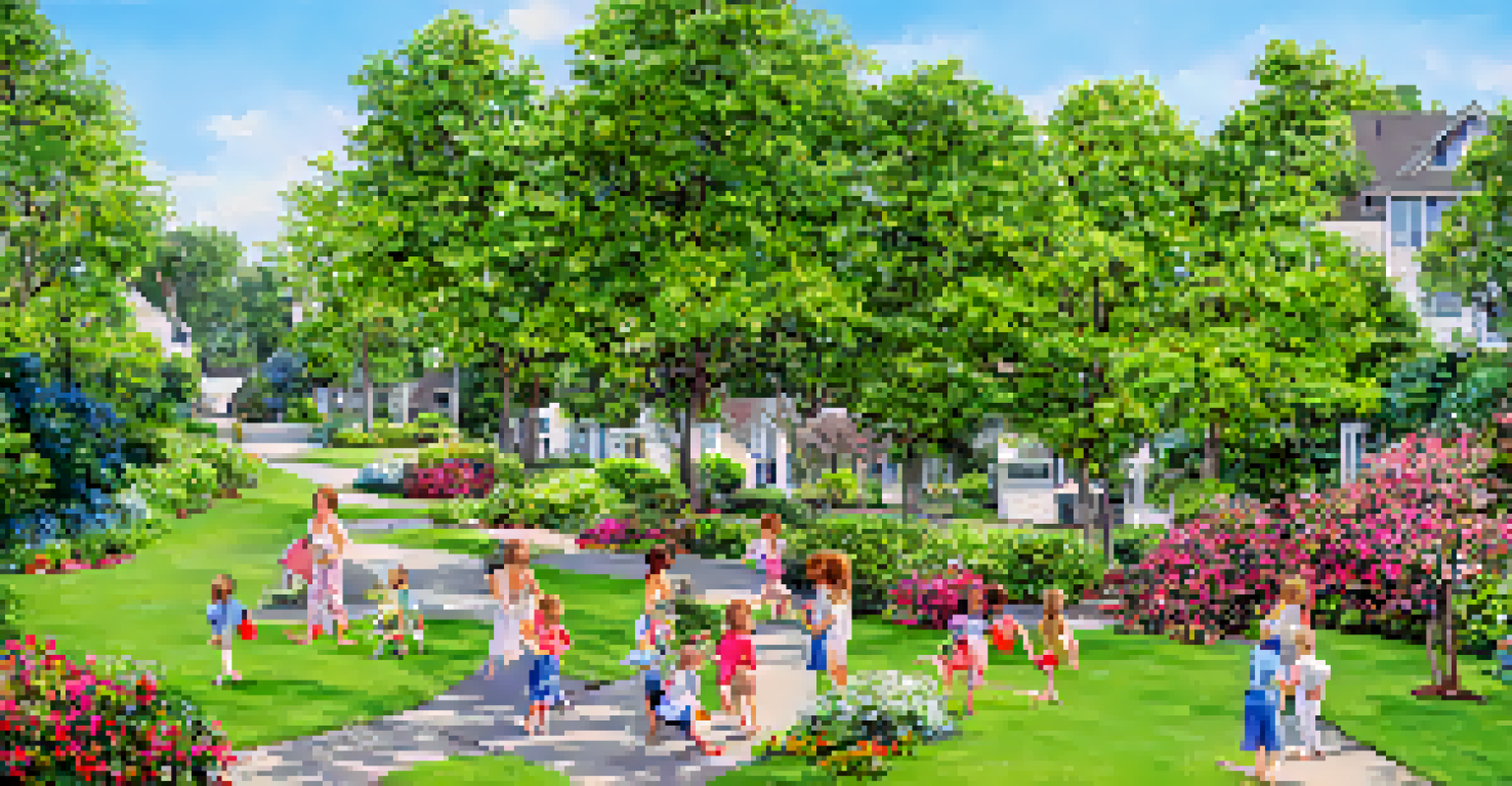 A peaceful suburban neighborhood with houses, green lawns, and children playing.
