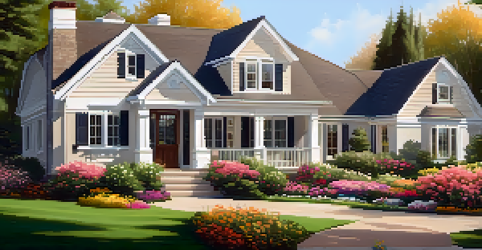 A suburban house with a freshly painted exterior, surrounded by colorful flowers and a well-kept lawn, under warm sunset lighting.