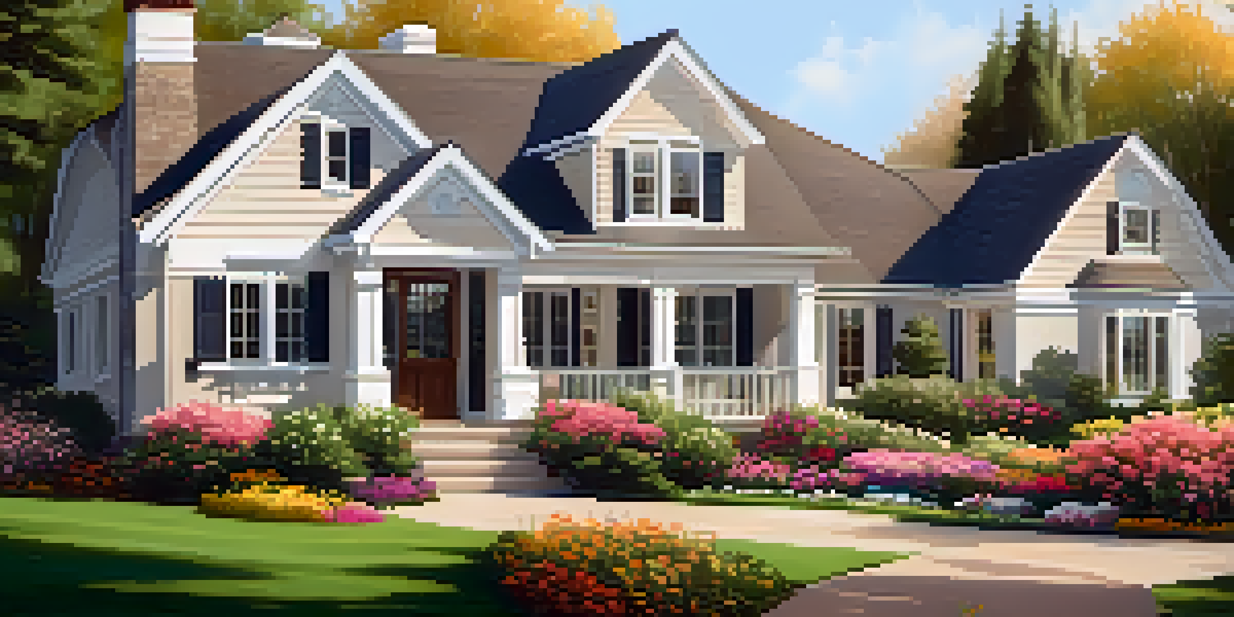 A suburban house with a freshly painted exterior, surrounded by colorful flowers and a well-kept lawn, under warm sunset lighting.