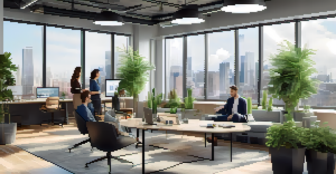 A bright office environment where diverse people are working together on a real estate crowdfunding project, with a large screen showing investment information.