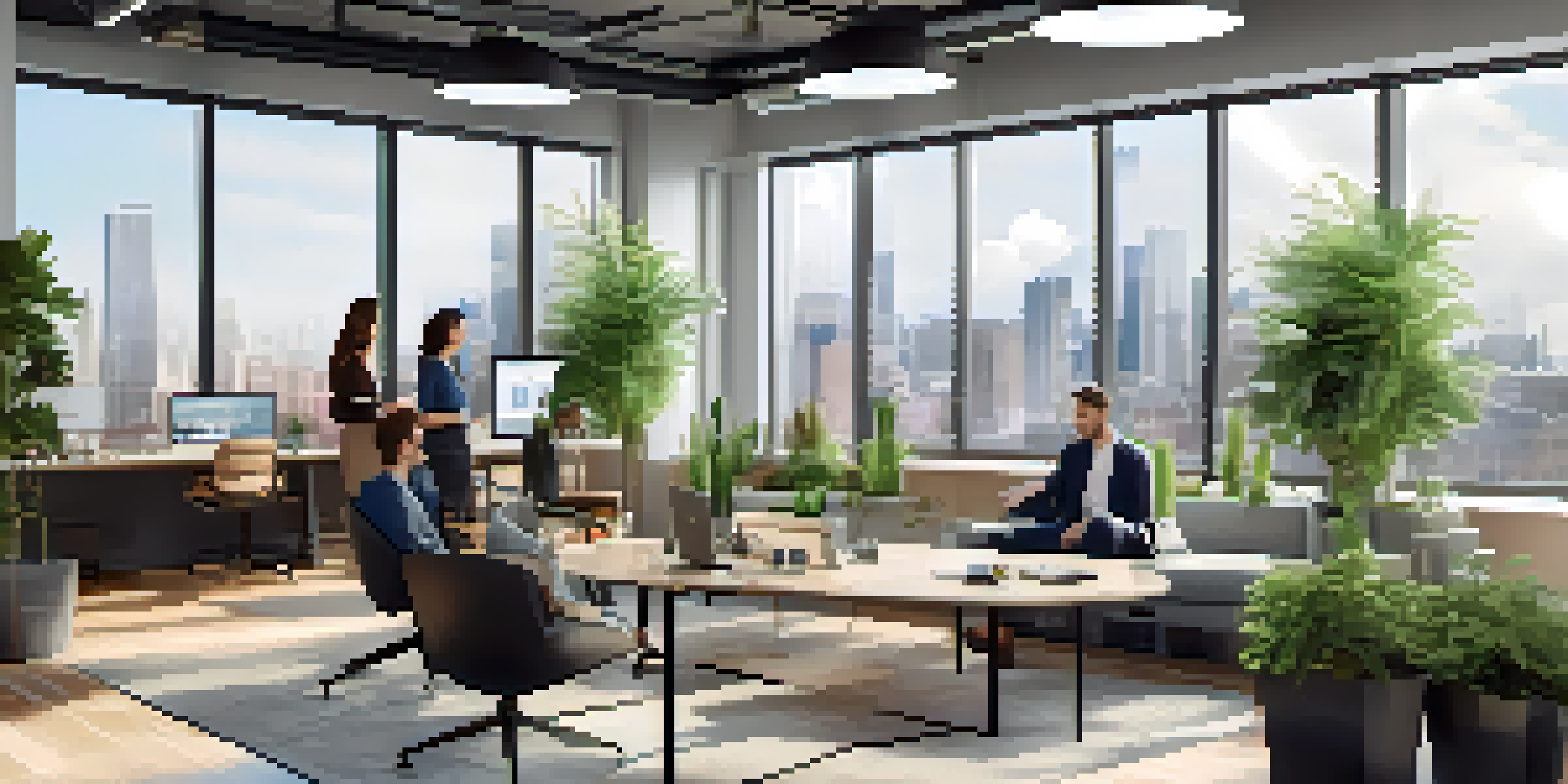 A bright office environment where diverse people are working together on a real estate crowdfunding project, with a large screen showing investment information.
