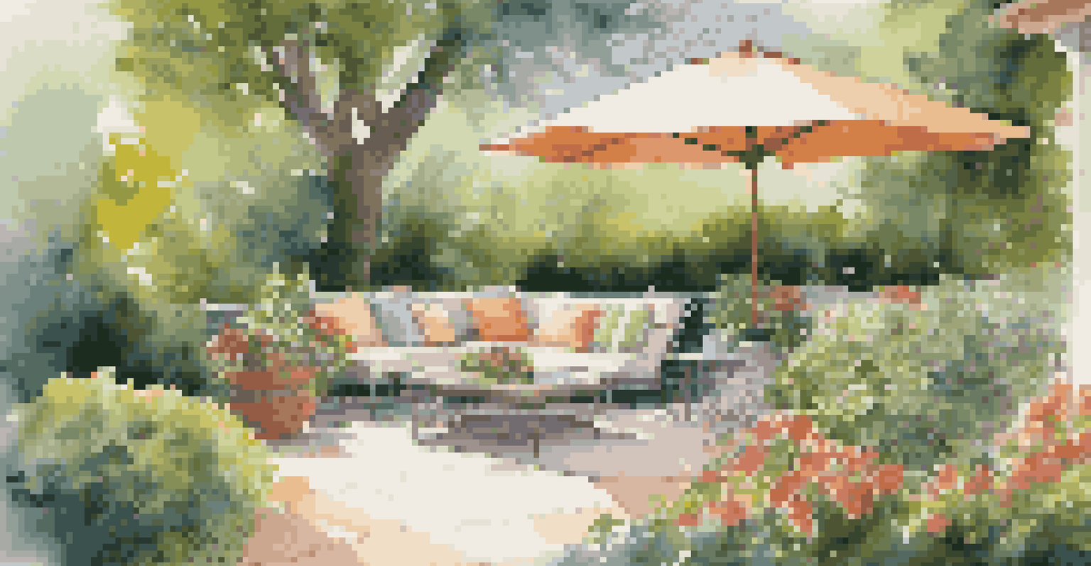 A charming outdoor garden with colorful flowers, a cozy seating area, and lush greenery on a sunlit patio.
