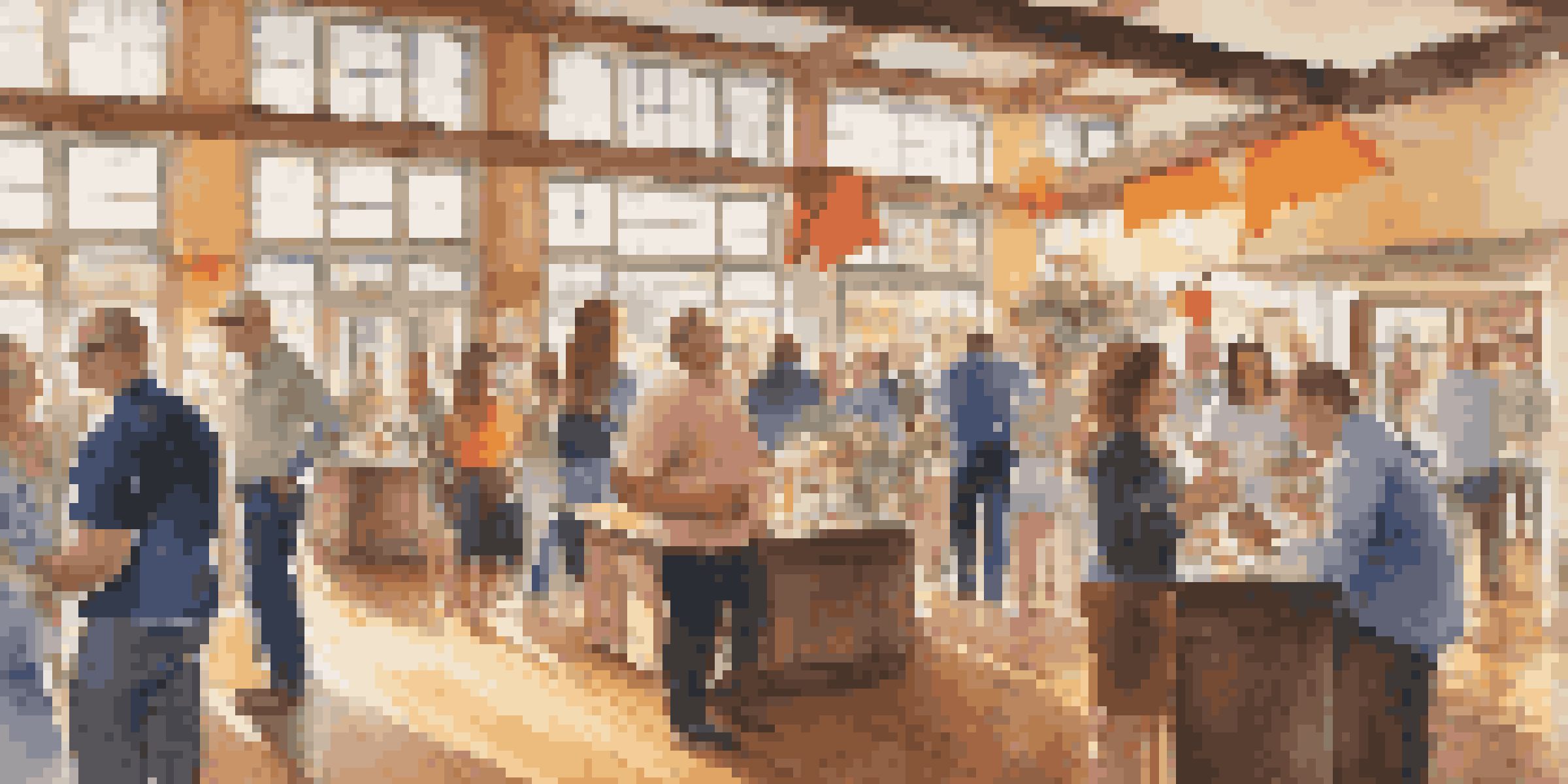 A lively real estate event with people networking, colorful banners, and bright sunlight illuminating the space.