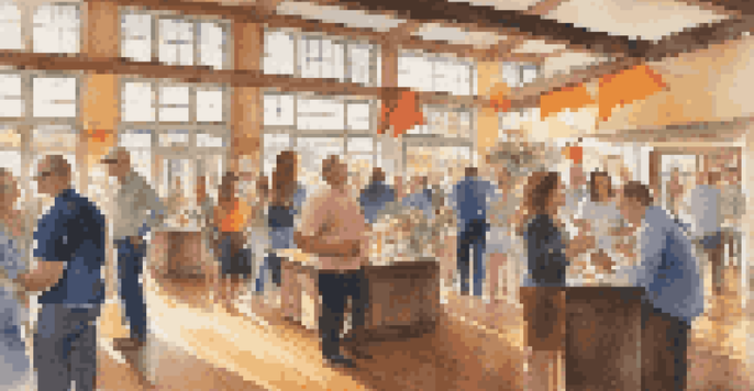 A lively real estate event with people networking, colorful banners, and bright sunlight illuminating the space.