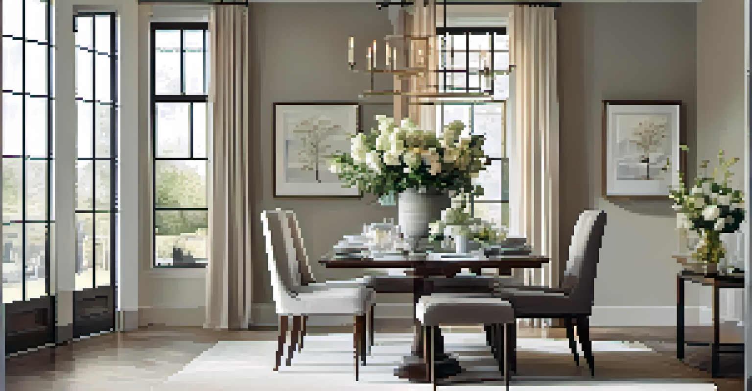 An elegant dining area with a table set for guests, fresh flowers, and soft lighting, creating a warm atmosphere.