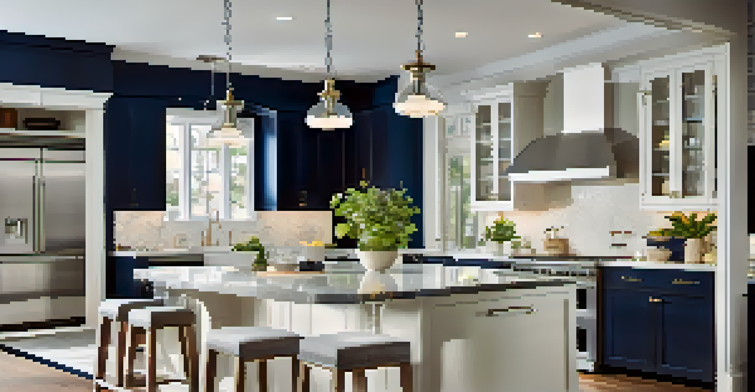 An elegant kitchen with modern appliances, a large island, and a stylish color scheme of white and navy blue.